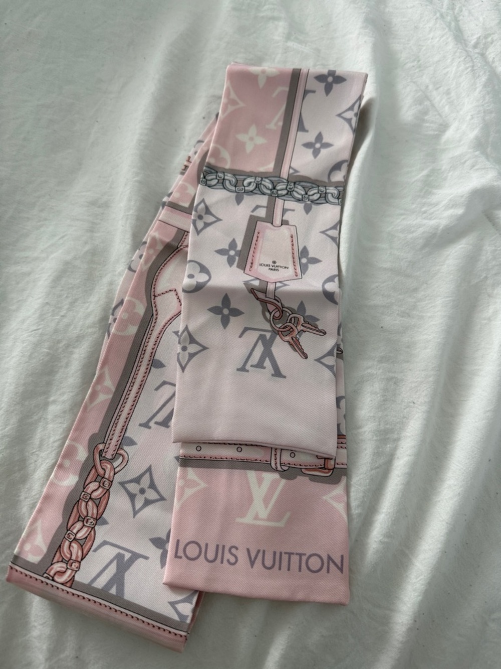 Louis Vuitton Pink and Gray Monogram Silk Bandeau/ twilly with Chain Motif